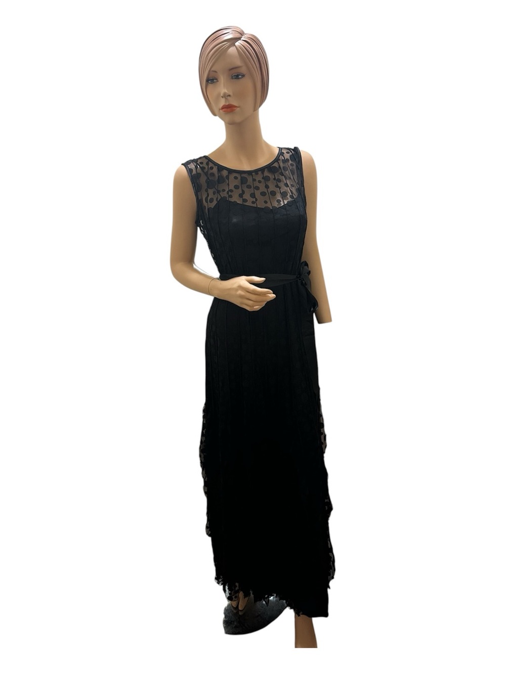 Teri Jon Black Sleeveless Maxi Dress with Sheer Polka Dot Yoke and Waist Tie